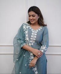 Dusty Blue Roman silk Embroidery Kurta With Organza dupatta Set