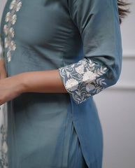 Dusty Blue Roman silk Embroidery Kurta With Organza dupatta Set