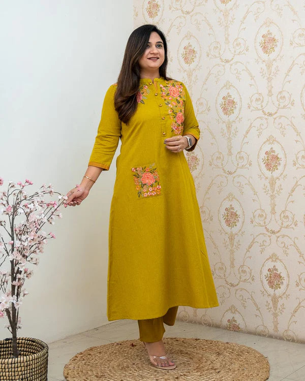 Mustard Yellow Embroidered Cotton Cord-Set