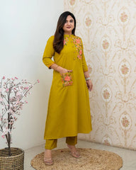Mustard Yellow Embroidered Cotton Cord-Set