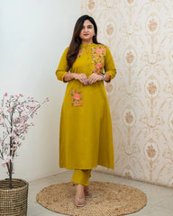Mustard Yellow Embroidered Cotton Cord-Set
