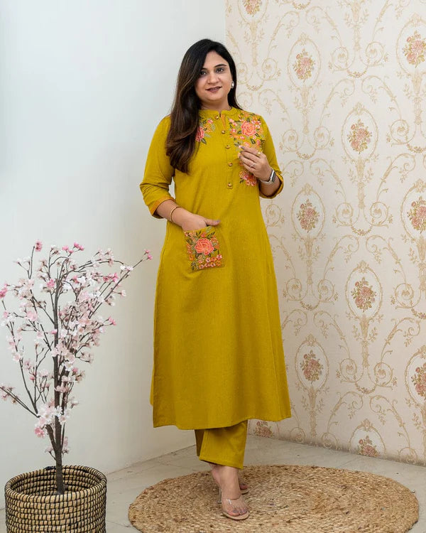 Mustard Yellow Embroidered Cotton Cord-Set
