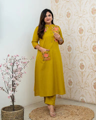 Mustard Yellow Embroidered Cotton Cord-Set