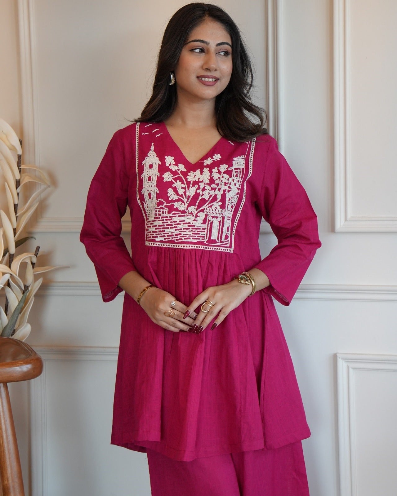 Pink Cotton Embroidery Co-ord Set