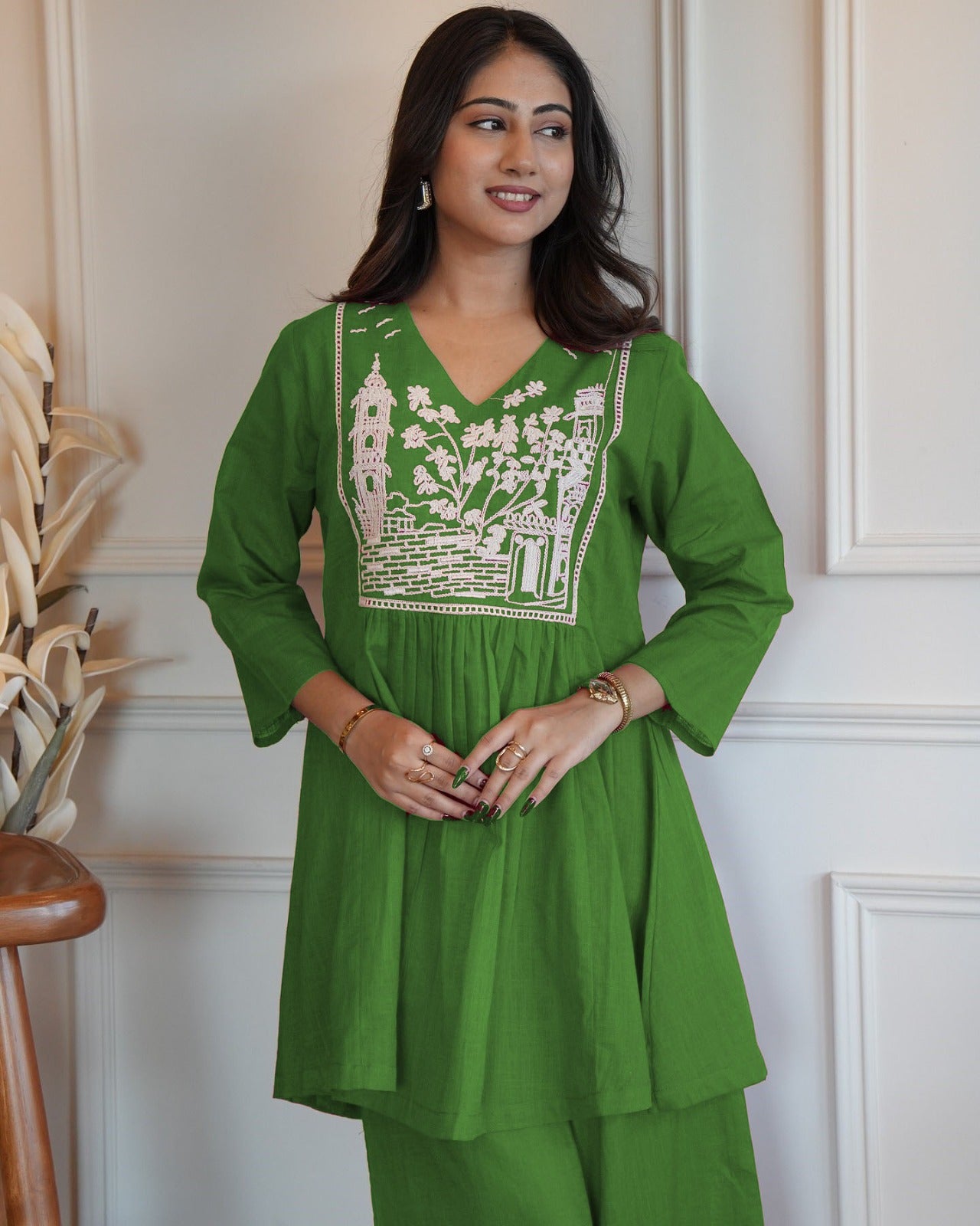 Green Cotton Embroidery Co-ord Set