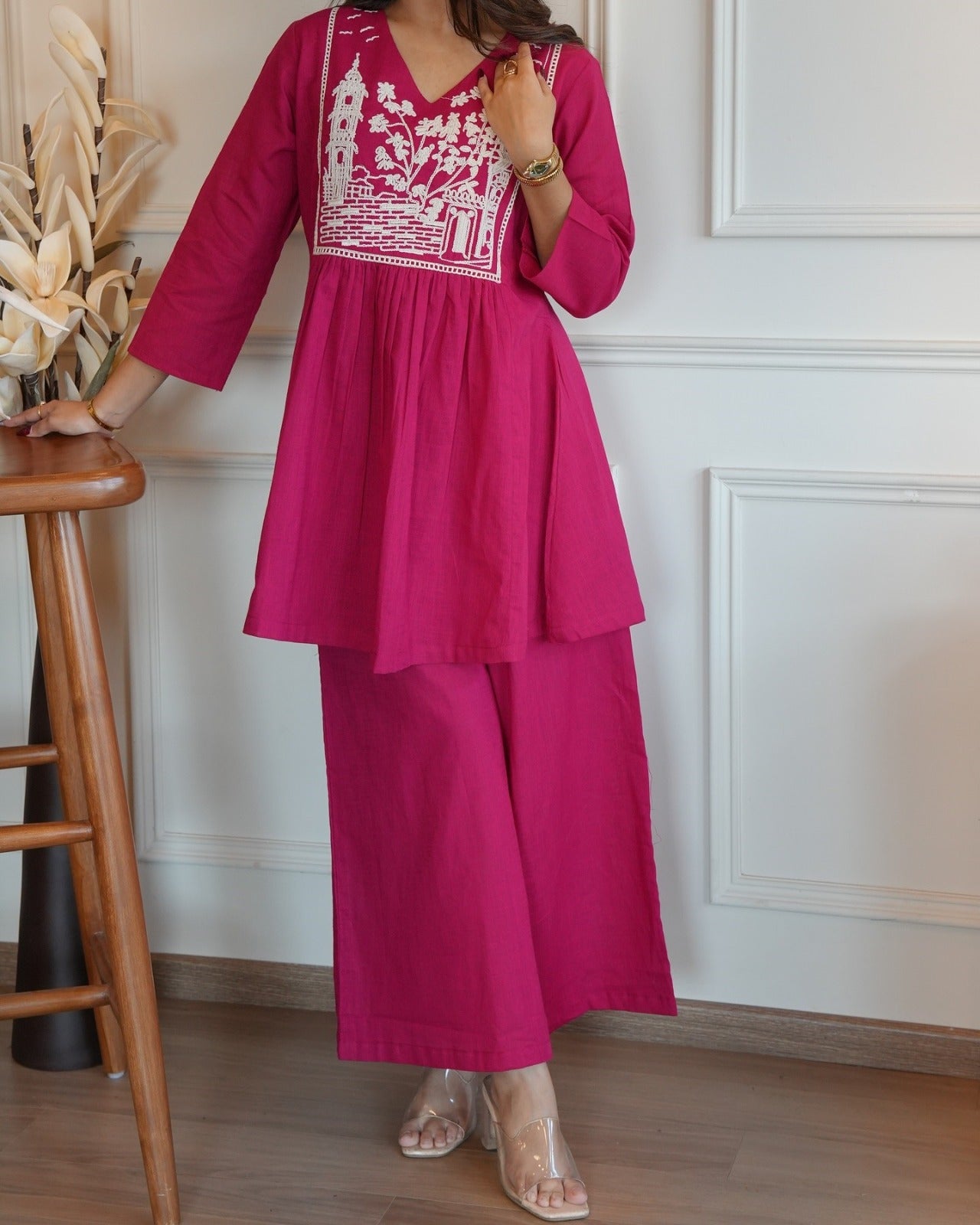 Pink Cotton Embroidery Co-ord Set