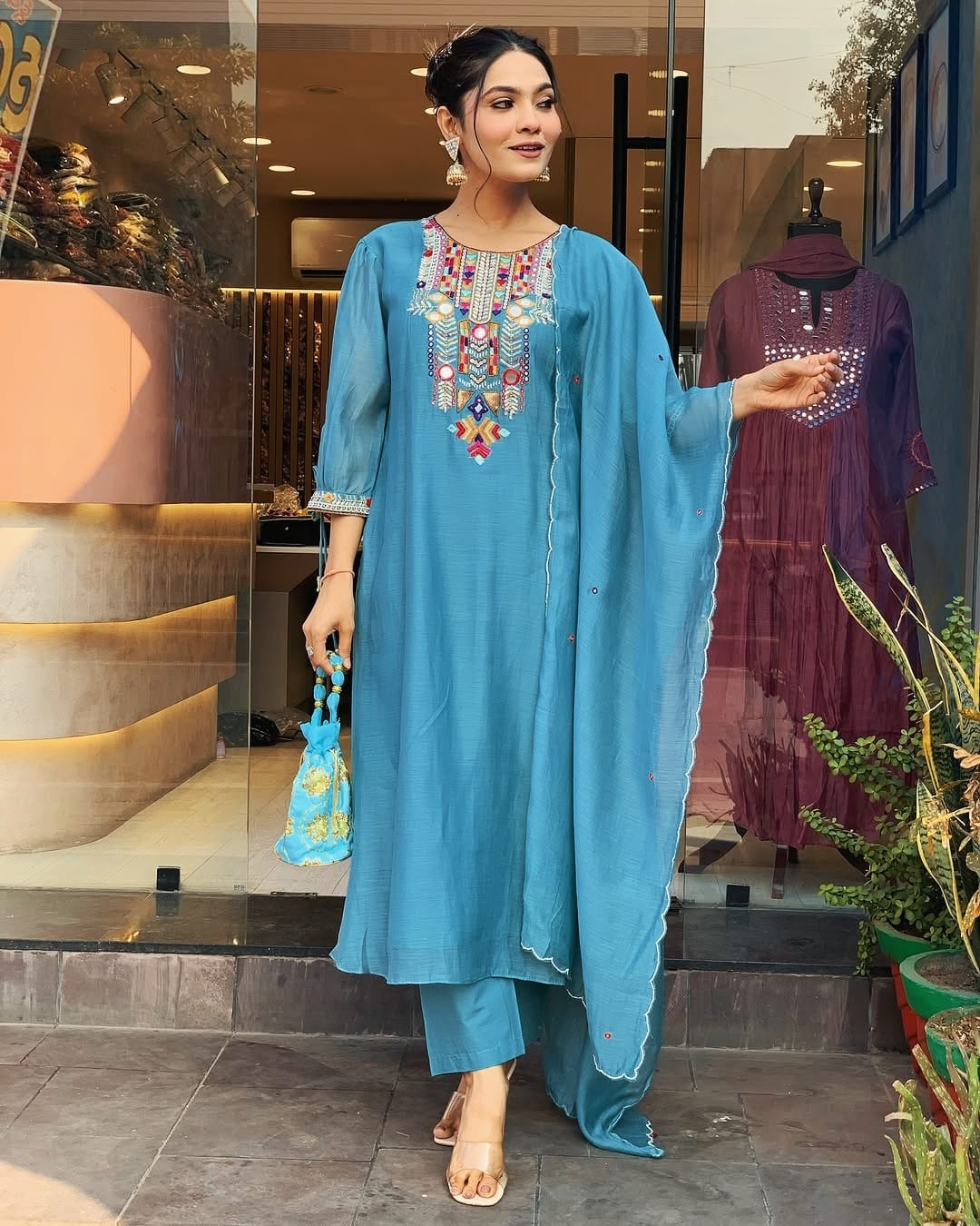 Sky Blue Embroidery Chanderi Silk Dupatta Set