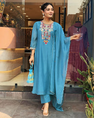 Sky Blue Embroidery Chanderi Silk Dupatta Set