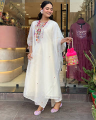 White Embroidery Chanderi Silk Dupatta Set