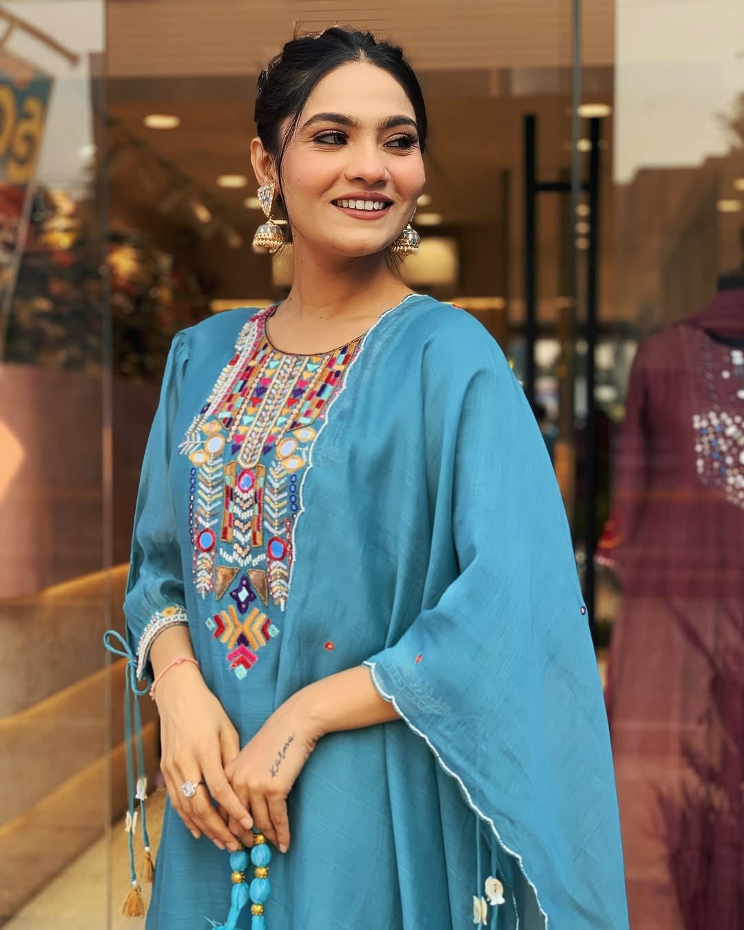 Sky Blue Embroidery Chanderi Silk Dupatta Set