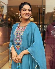Sky Blue Embroidery Chanderi Silk Dupatta Set