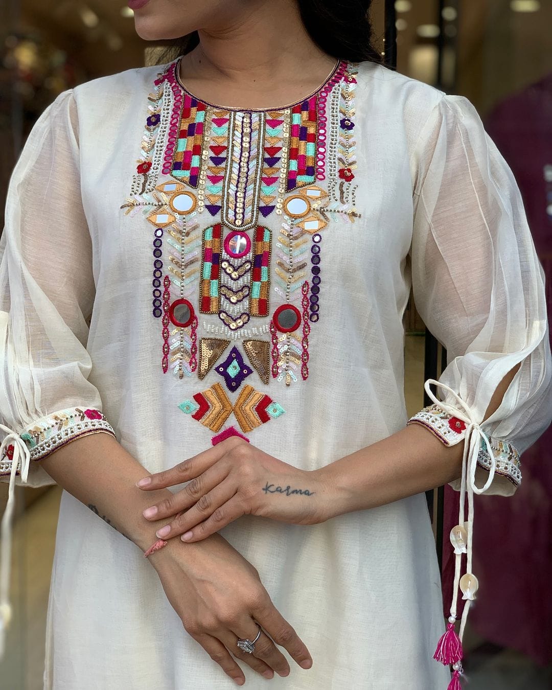 White Embroidery Chanderi Silk Dupatta Set