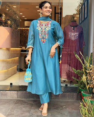 Sky Blue Embroidery Chanderi Silk Dupatta Set