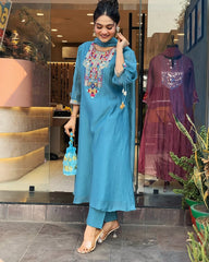 Sky Blue Embroidery Chanderi Silk Dupatta Set