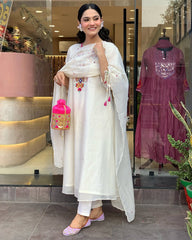 White Embroidery Chanderi Silk Dupatta Set