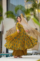 Mustard Cotton Print Anarkali Dupatta Set