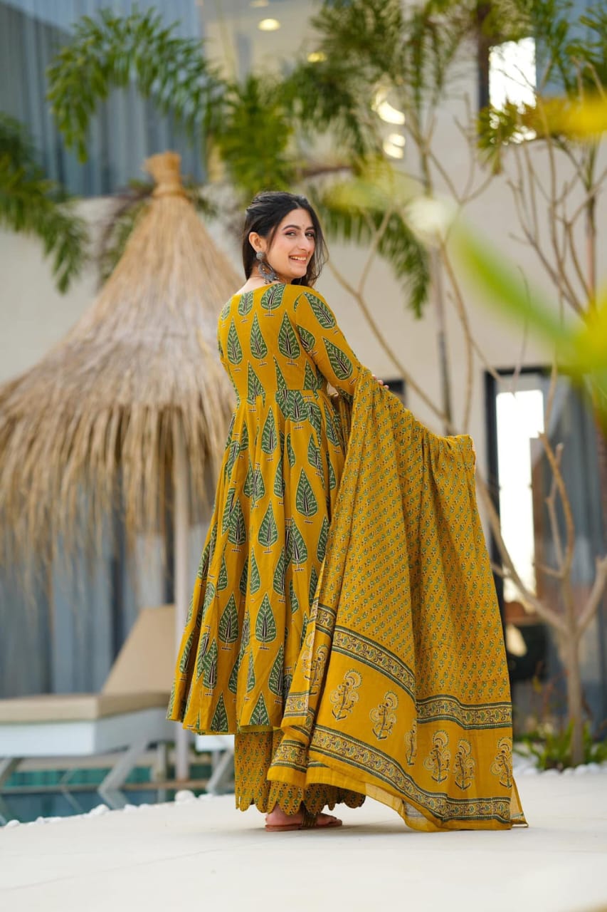 Mustard Cotton Print Anarkali Dupatta Set