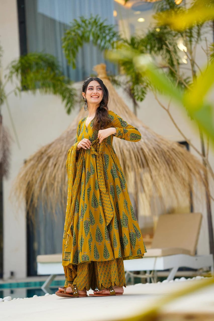 Mustard Cotton Print Anarkali Dupatta Set