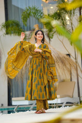 Mustard Cotton Print Anarkali Dupatta Set