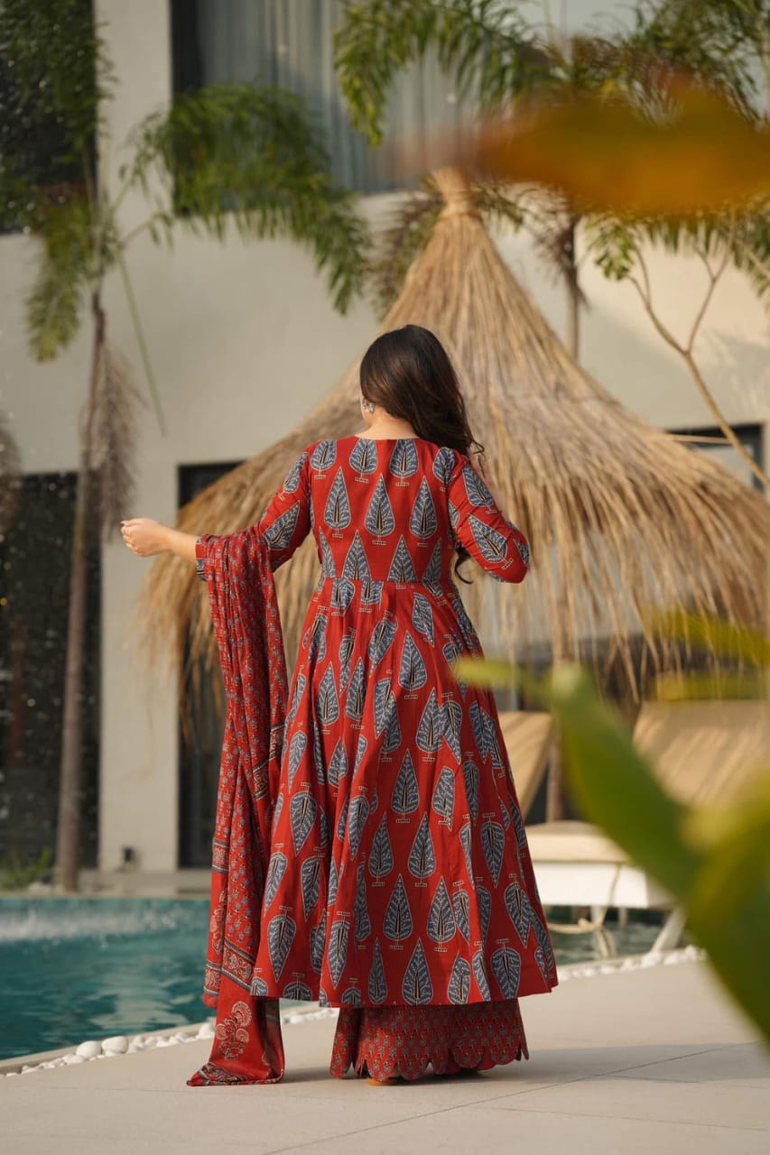 Rust Red Block Print Anarkali Palazzo Set