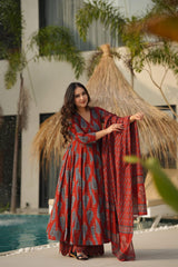 Rust Red Block Print Anarkali Palazzo Set