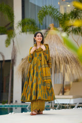 Mustard Cotton Print Anarkali Dupatta Set