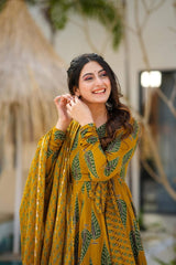 Mustard Cotton Print Anarkali Dupatta Set