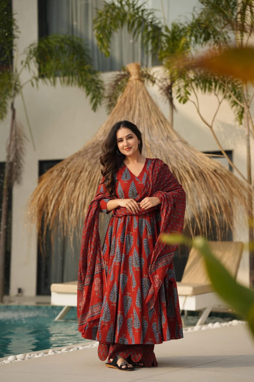 Rust Red Block Print Anarkali Palazzo Set