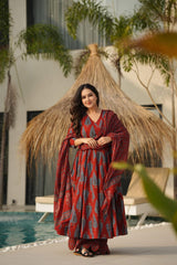 Rust Red Block Print Anarkali Palazzo Set