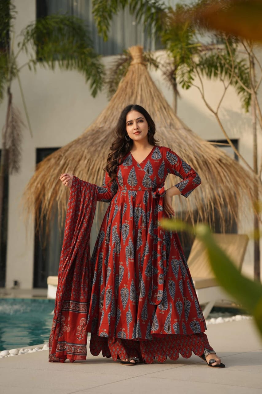 Rust Red Block Print Anarkali Palazzo Set