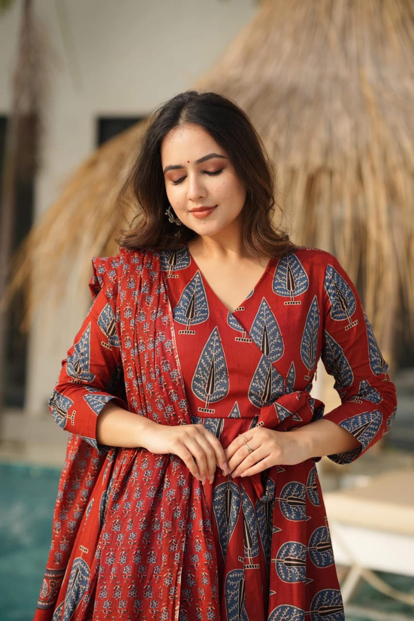 Rust Red Block Print Anarkali Palazzo Set