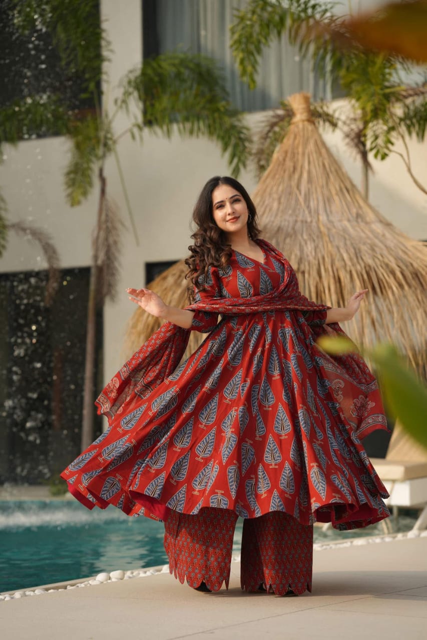 Rust Red Block Print Anarkali Palazzo Set