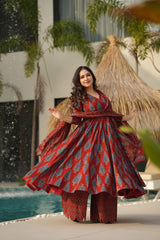 Rust Red Block Print Anarkali Palazzo Set