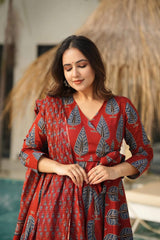 Rust Red Block Print Anarkali Palazzo Set