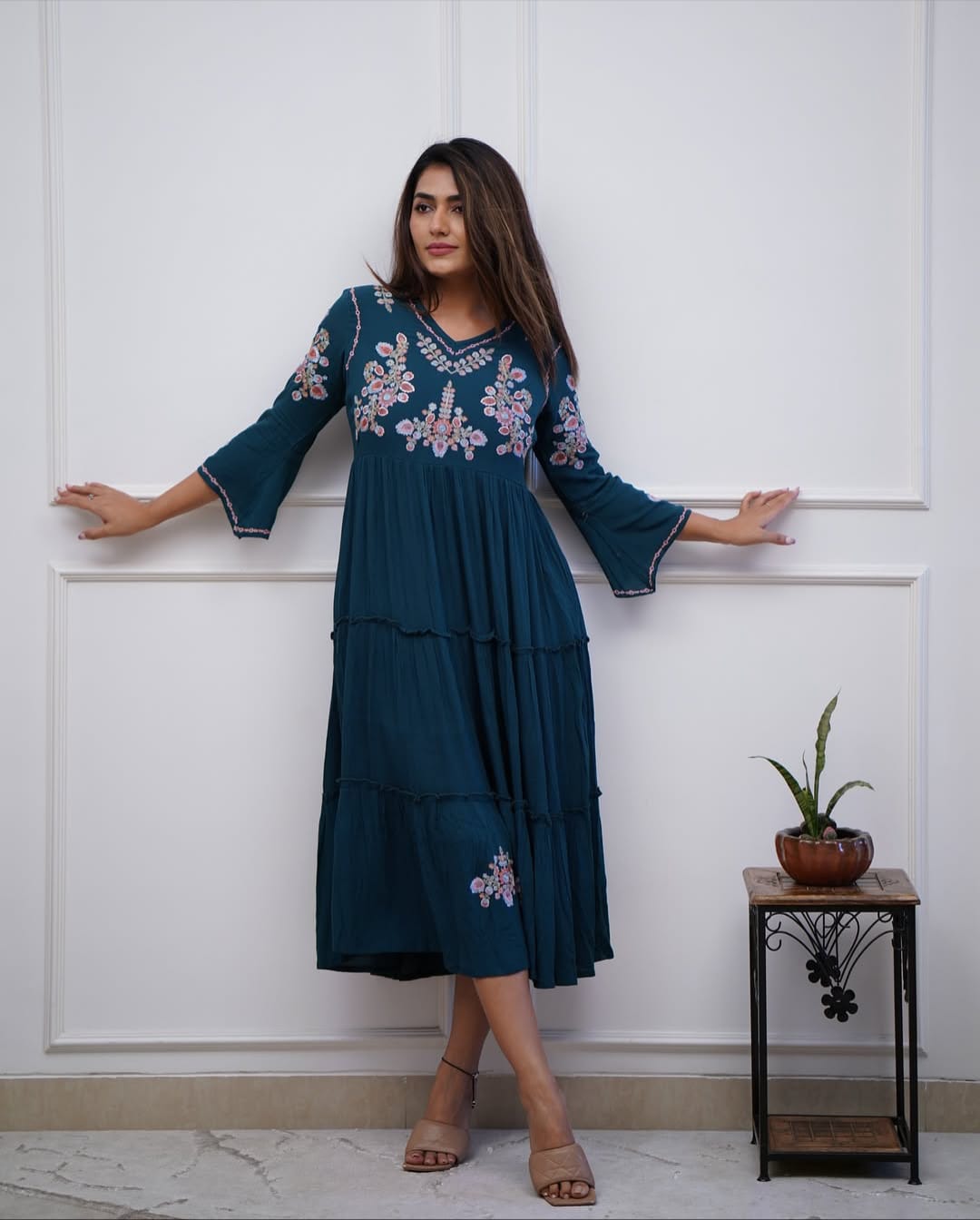 Teal Blue Tiered Cotton Dress with Floral Embroidery