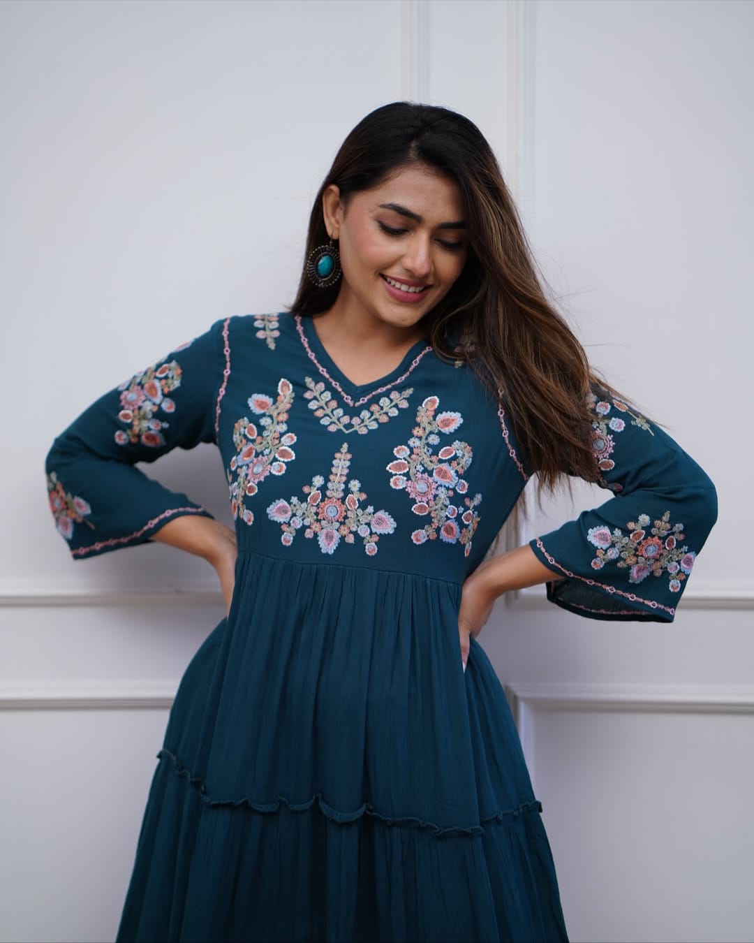 Teal Blue Tiered Cotton Dress with Floral Embroidery