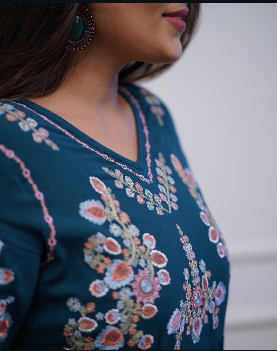 Teal Blue Tiered Cotton Dress with Floral Embroidery
