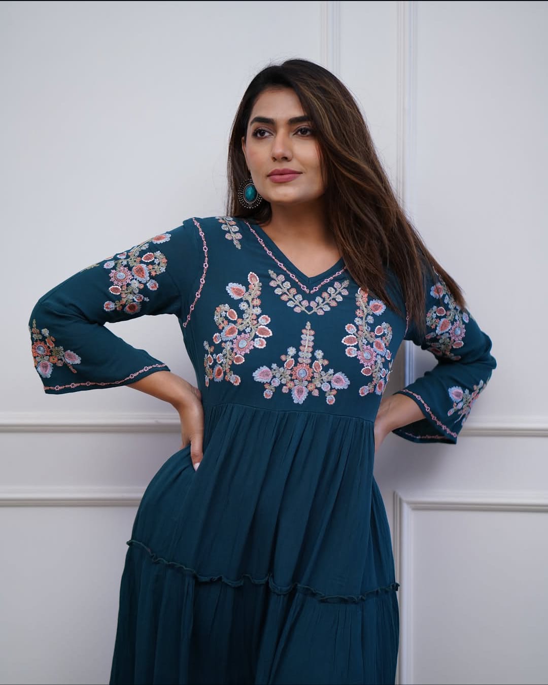 Teal Blue Tiered Cotton Dress with Floral Embroidery