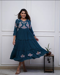 Teal Blue Tiered Cotton Dress with Floral Embroidery