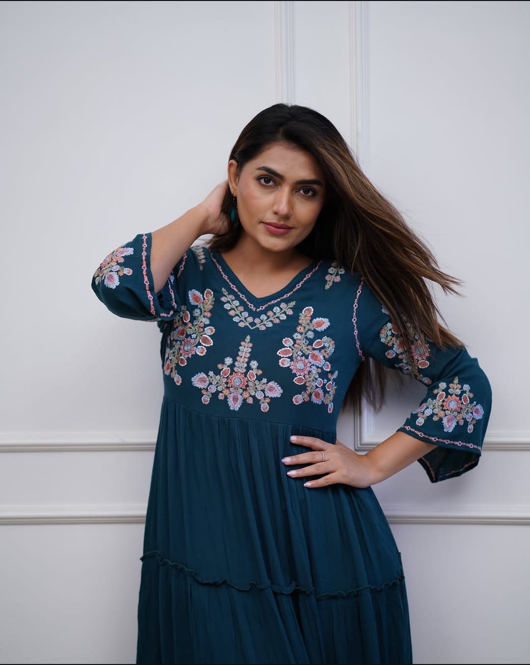 Teal Blue Tiered Cotton Dress with Floral Embroidery