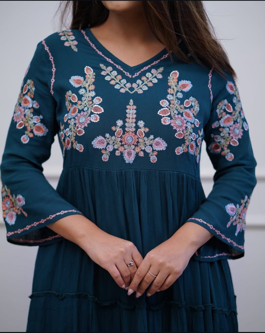 Teal Blue Tiered Cotton Dress with Floral Embroidery