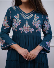Teal Blue Tiered Cotton Dress with Floral Embroidery