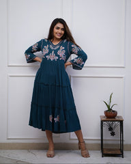 Teal Blue Tiered Cotton Dress with Floral Embroidery