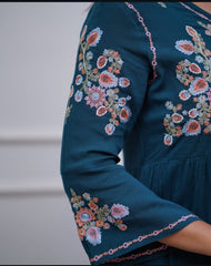 Teal Blue Tiered Cotton Dress with Floral Embroidery