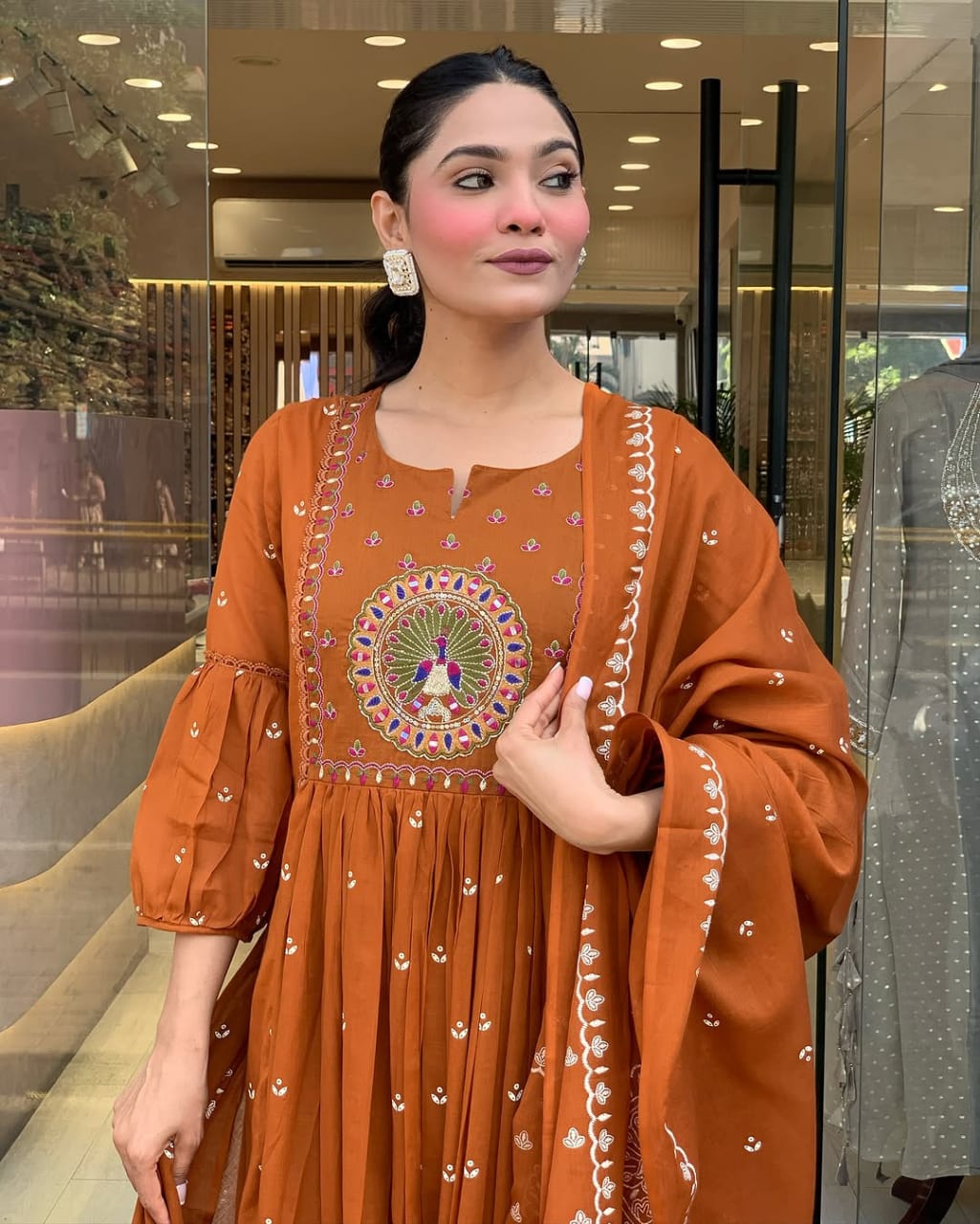 Rust Orange Embroidered Anarkali Suit with Dupatta