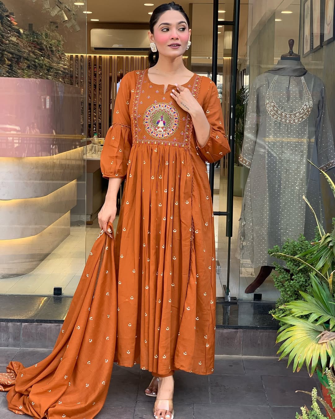 Rust Orange Embroidered Anarkali Suit with Dupatta