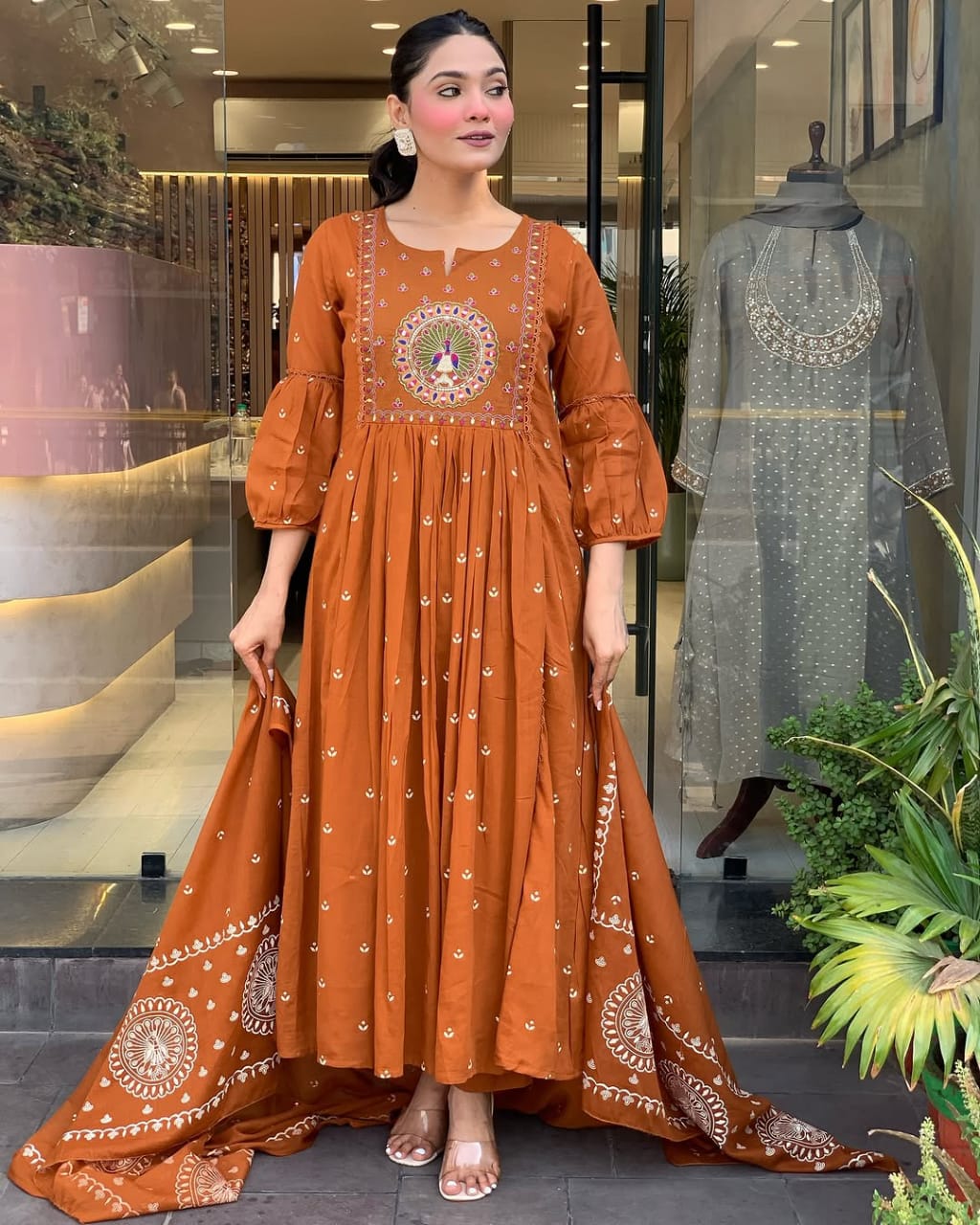 Rust Orange Embroidered Anarkali Suit with Dupatta