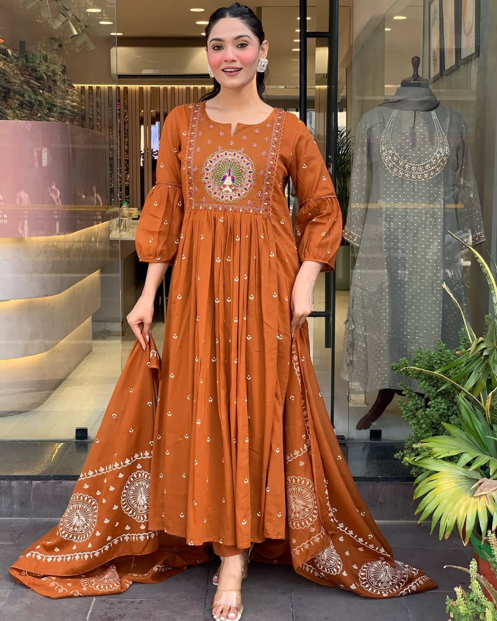 Rust Orange Embroidered Anarkali Suit with Dupatta