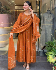 Rust Orange Embroidered Anarkali Suit with Dupatta