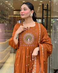 Rust Orange Embroidered Anarkali Suit with Dupatta